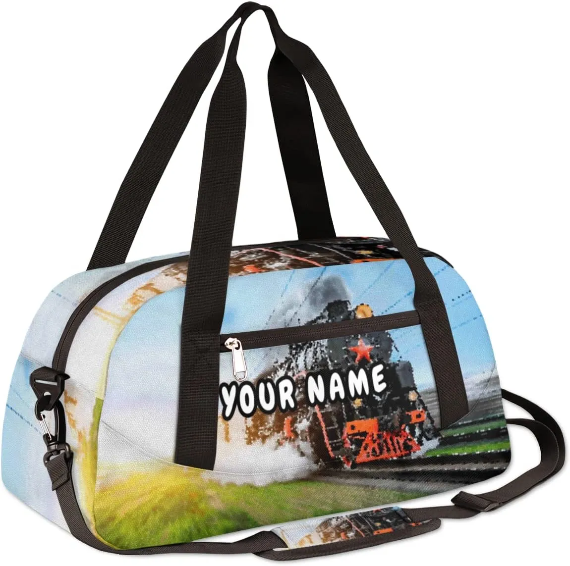 Steam Train Design Personalized Kids Duffel Bag for Boys, Train Pattern Customized Name Overnight Small Duffel Bag Carry On Weekend Sports Gym Travel Bag for School Practice Gymnastics Ballet