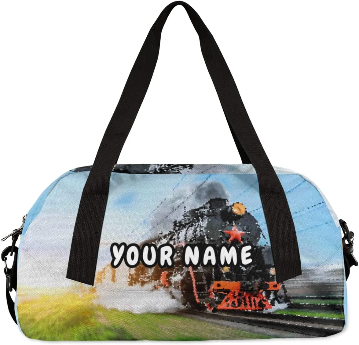 Steam Train Design Personalized Kids Duffel Bag for Boys, Train Pattern Customized Name Overnight Small Duffel Bag Carry On Weekend Sports Gym Travel Bag for School Practice Gymnastics Ballet