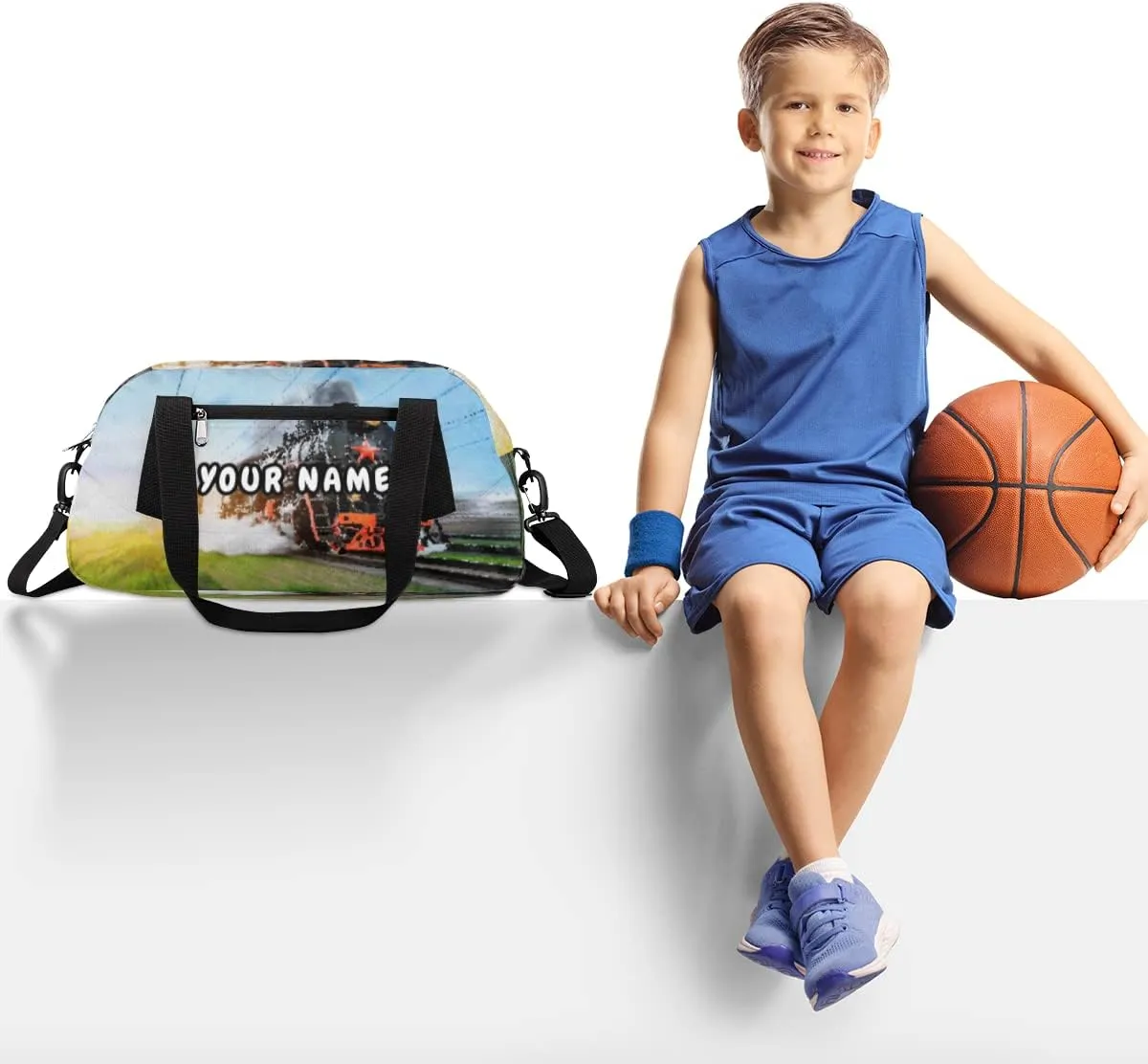 Steam Train Design Personalized Kids Duffel Bag for Boys, Train Pattern Customized Name Overnight Small Duffel Bag Carry On Weekend Sports Gym Travel Bag for School Practice Gymnastics Ballet