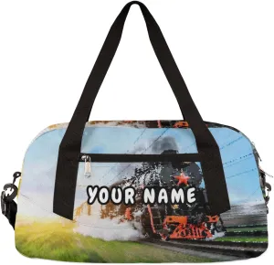 Steam Train Design Personalized Kids Duffel Bag for Boys, Train Pattern Customized Name Overnight Small Duffel Bag Carry On Weekend Sports Gym Travel Bag for School Practice Gymnastics Ballet