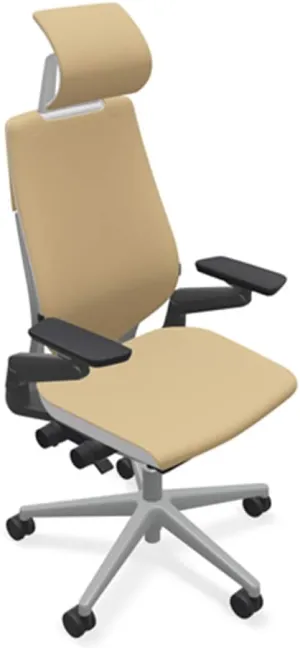 Steelcase Gesture Office Desk Chair with Headrest in Elmosoft Genuine Chamois L144 Leather Plus Lumbar Support Platinum Metallic Frame with Seagull Seat/Back Merle Arms (Light/Light)