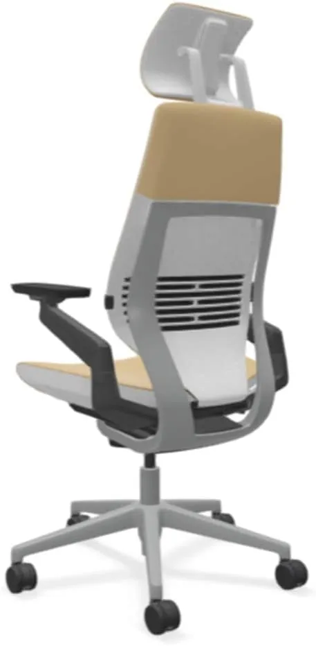 Steelcase Gesture Office Desk Chair with Headrest in Elmosoft Genuine Chamois L144 Leather Plus Lumbar Support Platinum Metallic Frame with Seagull Seat/Back Merle Arms (Light/Light)