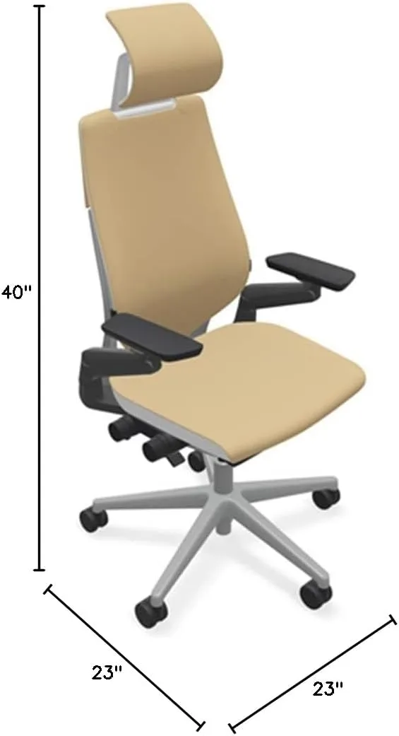 Steelcase Gesture Office Desk Chair with Headrest in Elmosoft Genuine Chamois L144 Leather Plus Lumbar Support Platinum Metallic Frame with Seagull Seat/Back Merle Arms (Light/Light)