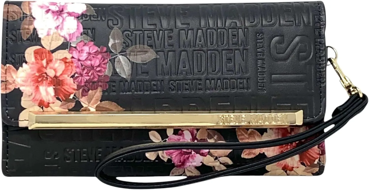 Steve Madden Women's Logobar Trifold Wristlet Wallet (Black Floral)