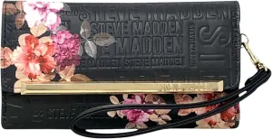 Steve Madden Women's Logobar Trifold Wristlet Wallet (Black Floral)