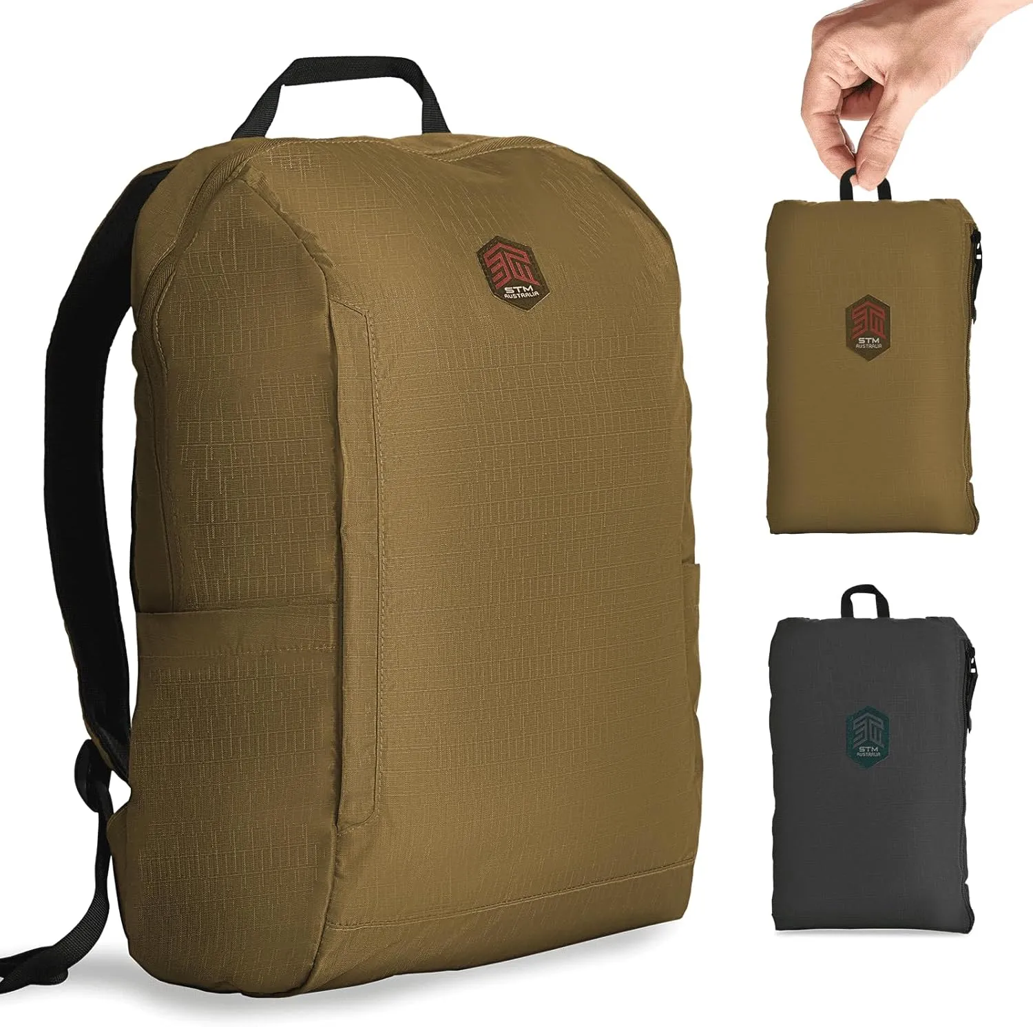 STM BagPack - Lightweight Travel Backpack - Inflatable Laptop Protection for up to 16" Laptop - Compact Self Contained Storable Bag, Water Resistant, Use as a Daypack or Everyday Pack - coffee brown
