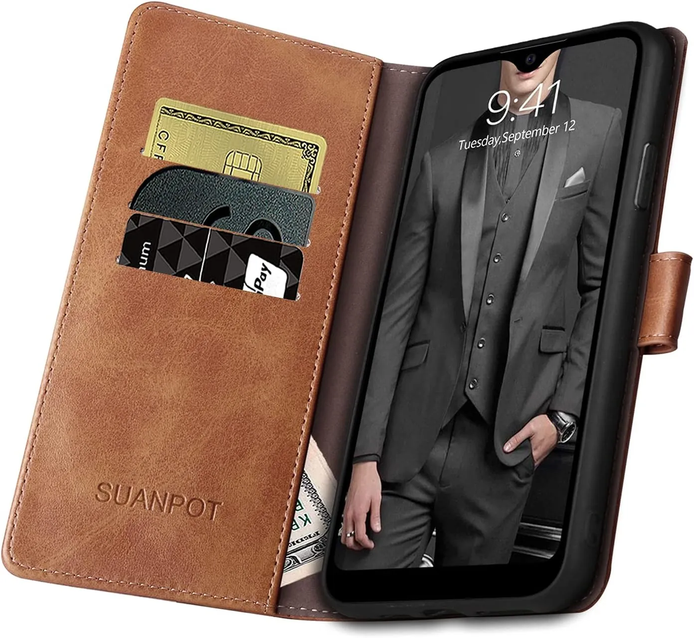 SUANPOT for Samsung Galaxy A32 5G RFID Blocking Leather Wallet Case - Flip Folio, Card Holder, Shockproof, Light Brown