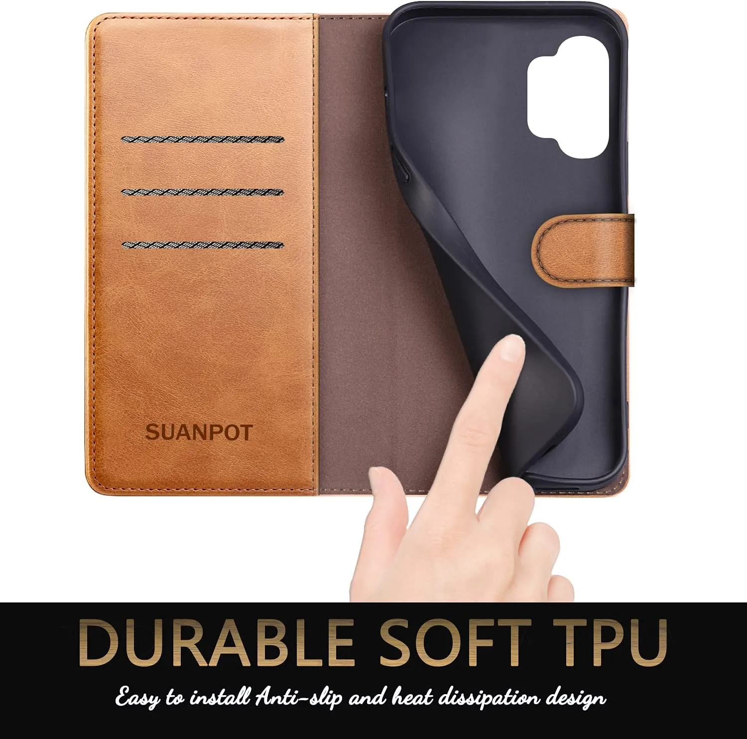 SUANPOT for Samsung Galaxy A32 5G RFID Blocking Leather Wallet Case - Flip Folio, Card Holder, Shockproof, Light Brown