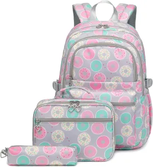Sugaroom Backpack for Girls Backpack with Lunch Box Kids Backpack School Bags Primary Elementary Bookbags for Teen Girls (Donut-gray)