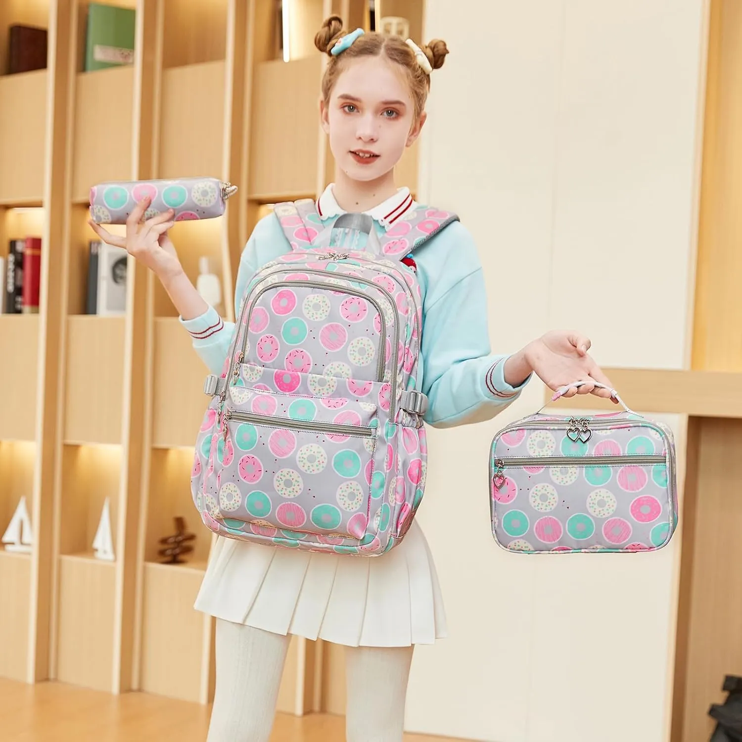 Sugaroom Backpack for Girls Backpack with Lunch Box Kids Backpack School Bags Primary Elementary Bookbags for Teen Girls (Donut-gray)