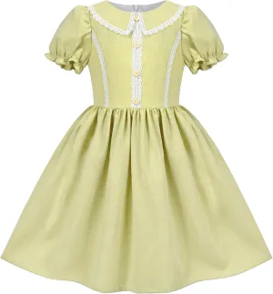 Sunny Fashion Girls Dress Beige Short Sleeve Collar Button Front School Uniform