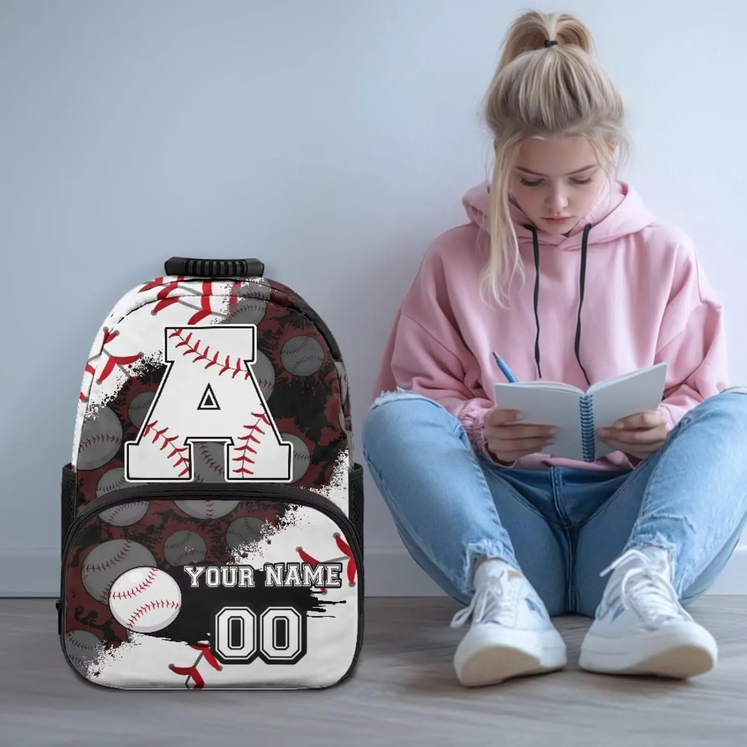Suobstales Baseball Paint Splatter Print School Backpack Custom Name Number 17" Backpack for Kids Boys, Lightweight Cool Bookbag Gifts for Kindergarten Primary, Personalized Back to School Essentials