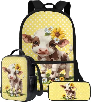 Suobstales Cow Sunflower Daisy Print 3Pcs Backpack Sets for Kids Large Capacity Bookbag Primary School Bag with Lunch Bag and Pencil Case, Casual Daypack Elementary Students Knapsack for Girls Boys