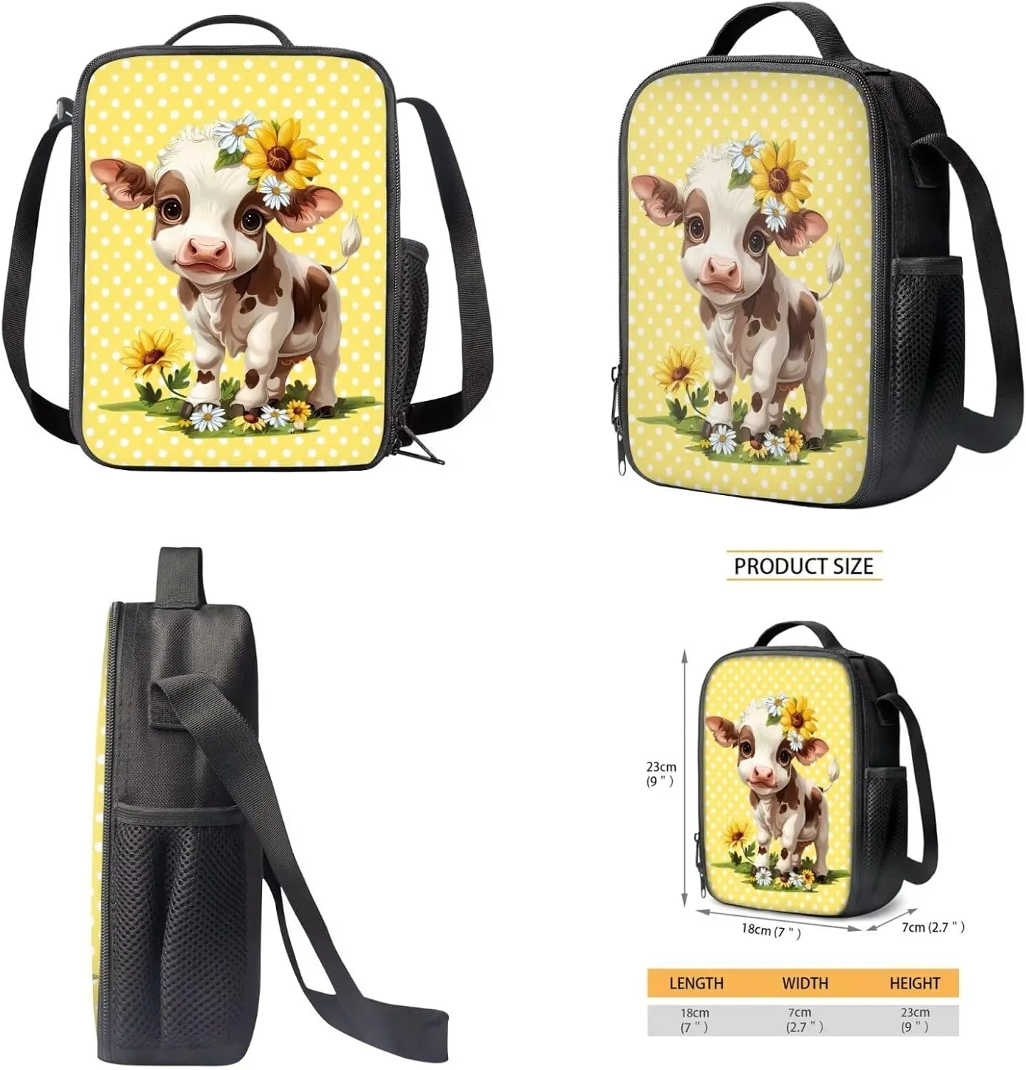 Suobstales Cow Sunflower Daisy Print 3Pcs Backpack Sets for Kids Large Capacity Bookbag Primary School Bag with Lunch Bag and Pencil Case, Casual Daypack Elementary Students Knapsack for Girls Boys