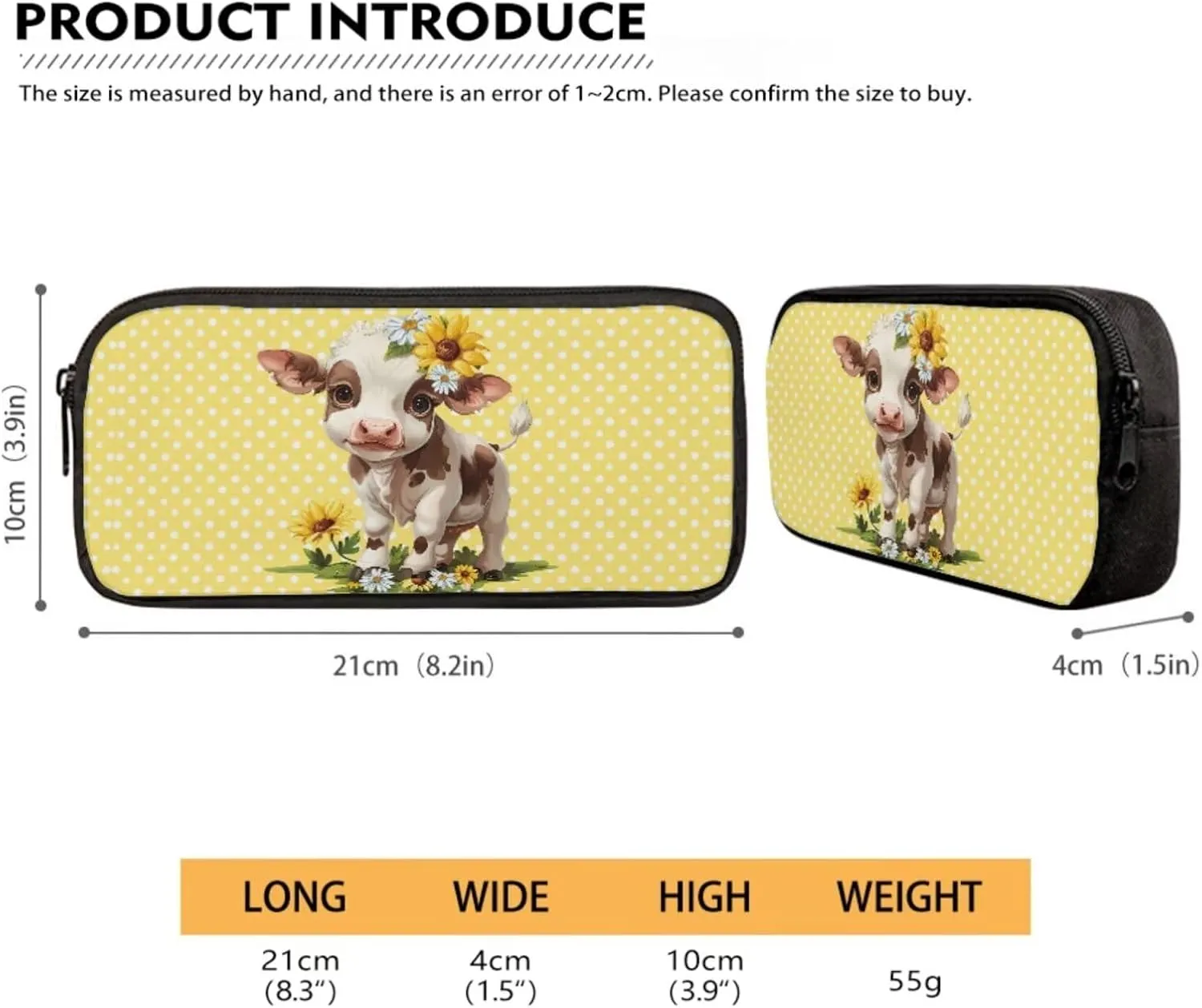 Suobstales Cow Sunflower Daisy Print 3Pcs Backpack Sets for Kids Large Capacity Bookbag Primary School Bag with Lunch Bag and Pencil Case, Casual Daypack Elementary Students Knapsack for Girls Boys