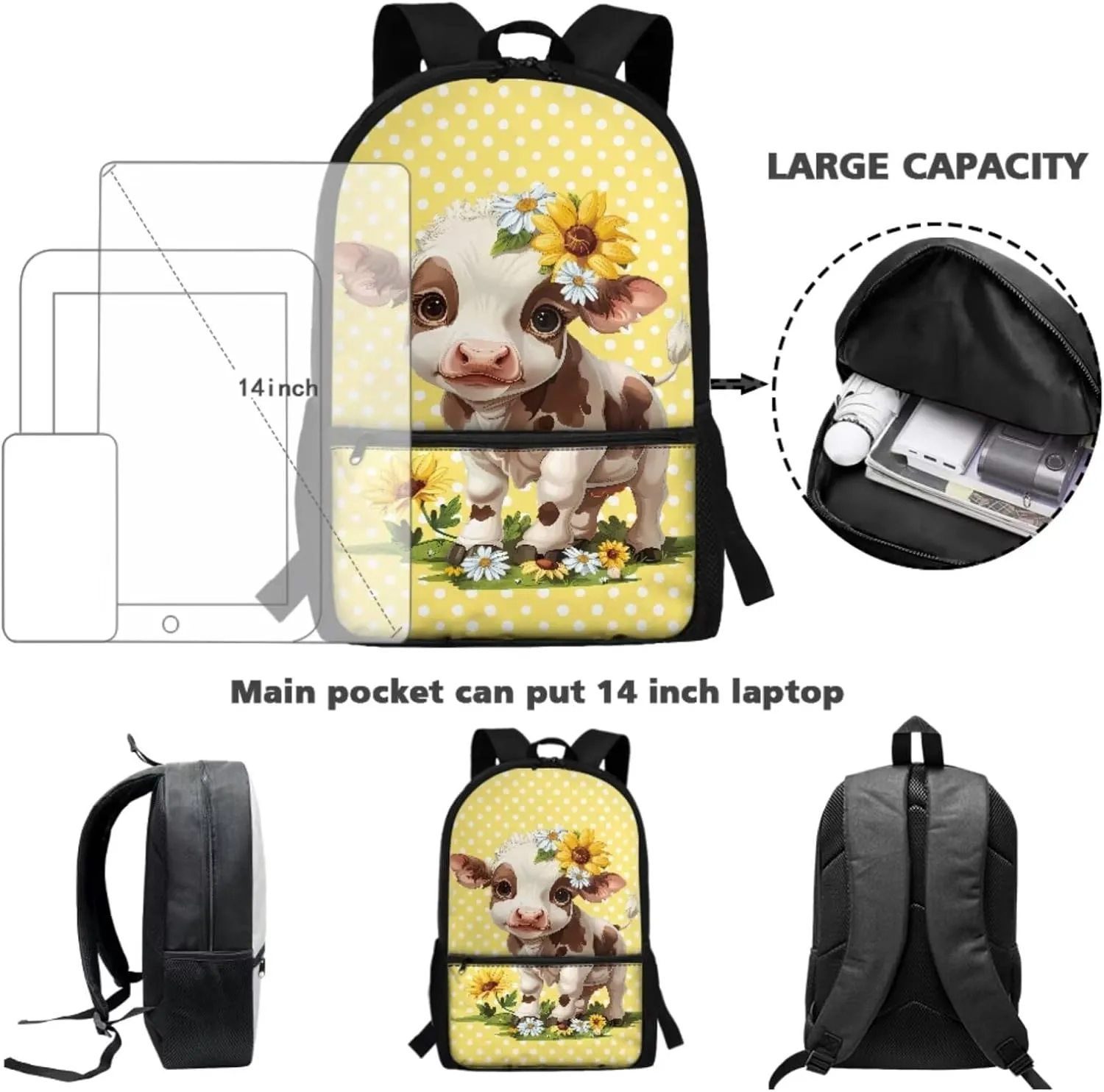 Suobstales Cow Sunflower Daisy Print 3Pcs Backpack Sets for Kids Large Capacity Bookbag Primary School Bag with Lunch Bag and Pencil Case, Casual Daypack Elementary Students Knapsack for Girls Boys