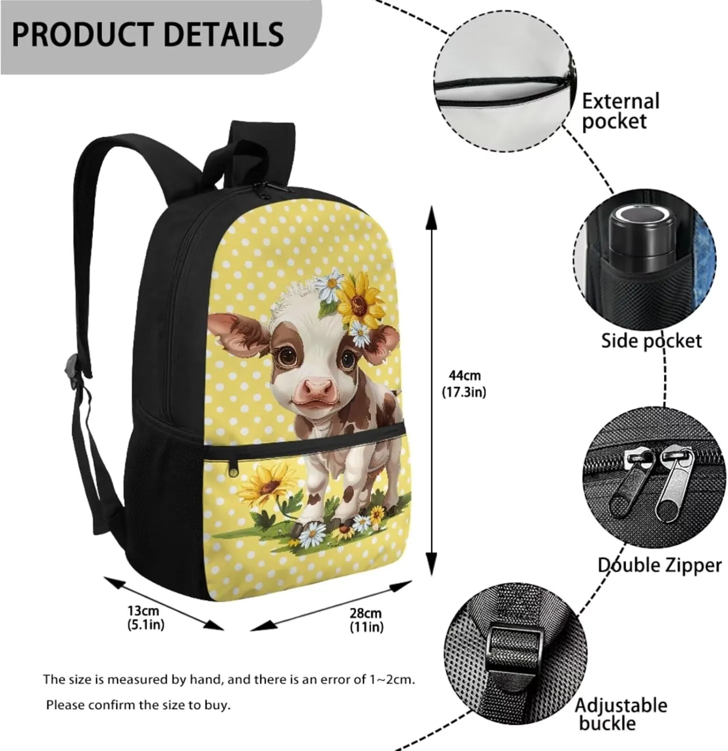 Suobstales Cow Sunflower Daisy Print 3Pcs Backpack Sets for Kids Large Capacity Bookbag Primary School Bag with Lunch Bag and Pencil Case, Casual Daypack Elementary Students Knapsack for Girls Boys