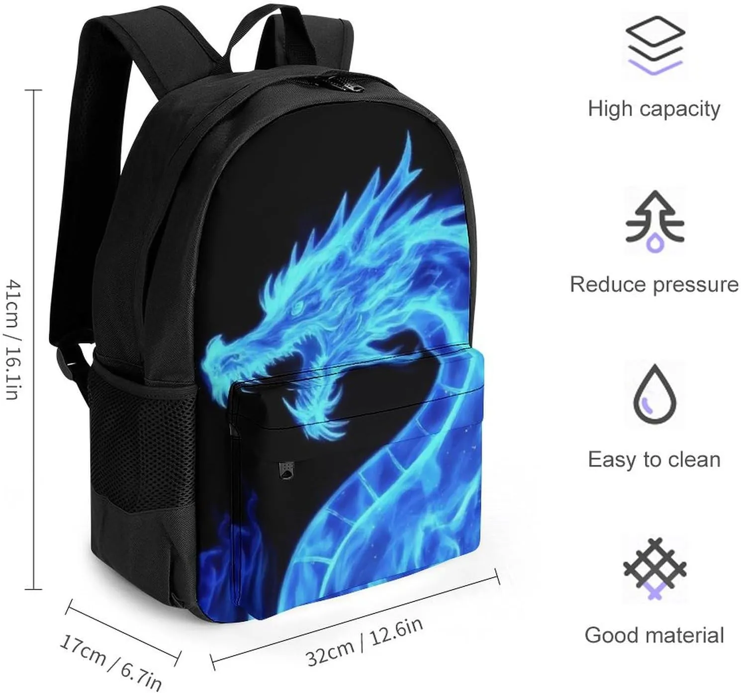 Supdreamc Men Women Polyester Blue Fire Flames Dragon Daypack Big Capacity Shoulder Bag With Smooth Zippers for Hiking Work Walking Cycling