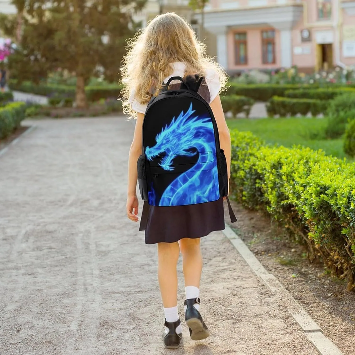 Supdreamc Men Women Polyester Blue Fire Flames Dragon Daypack Big Capacity Shoulder Bag With Smooth Zippers for Hiking Work Walking Cycling