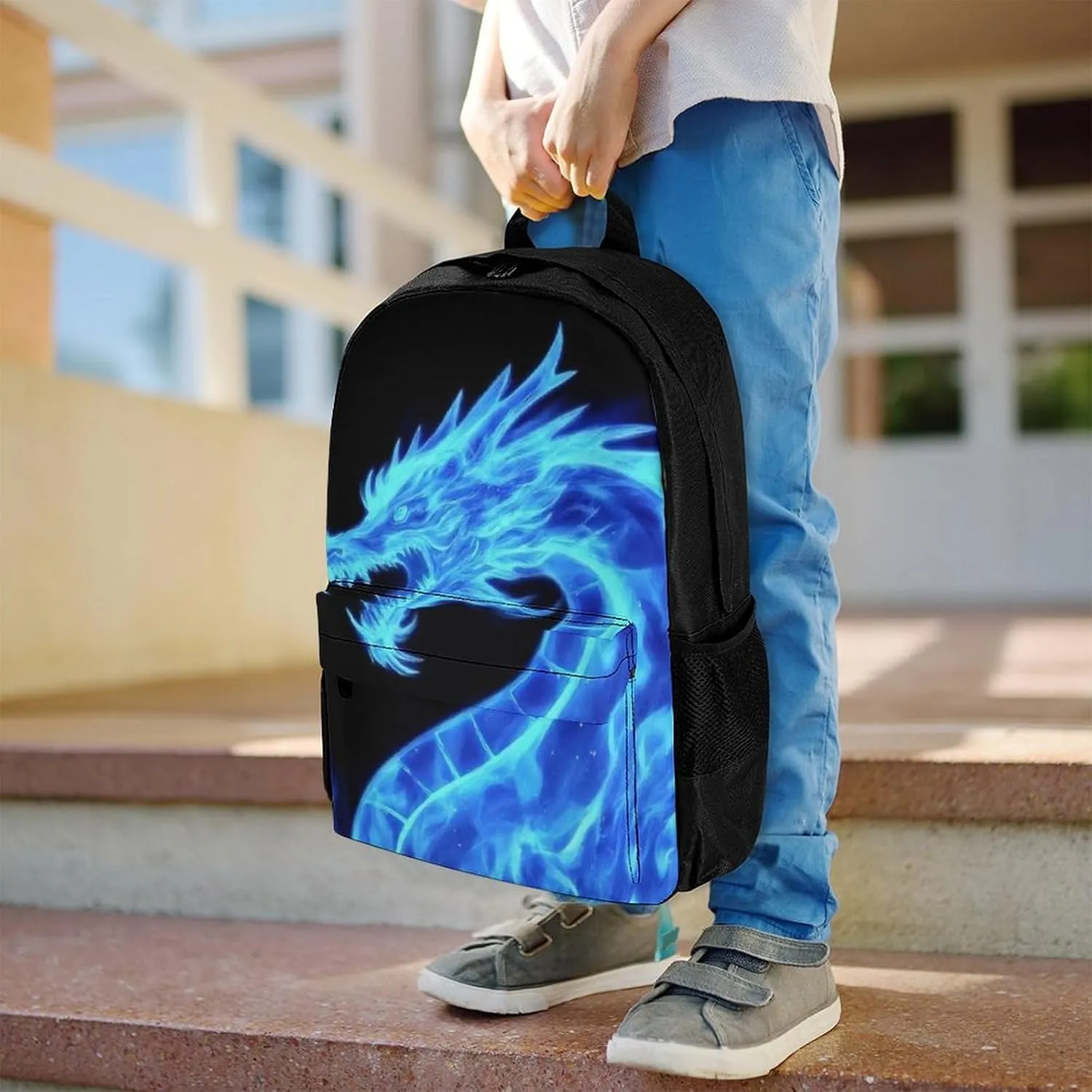 Supdreamc Men Women Polyester Blue Fire Flames Dragon Daypack Big Capacity Shoulder Bag With Smooth Zippers for Hiking Work Walking Cycling