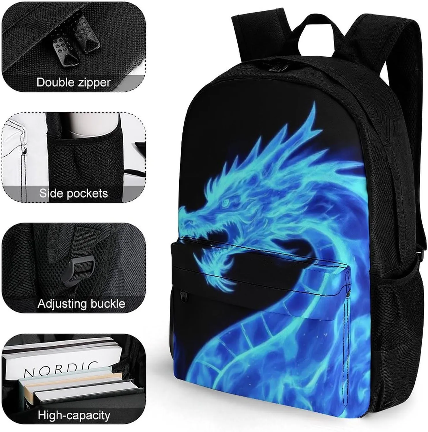 Supdreamc Men Women Polyester Blue Fire Flames Dragon Daypack Big Capacity Shoulder Bag With Smooth Zippers for Hiking Work Walking Cycling