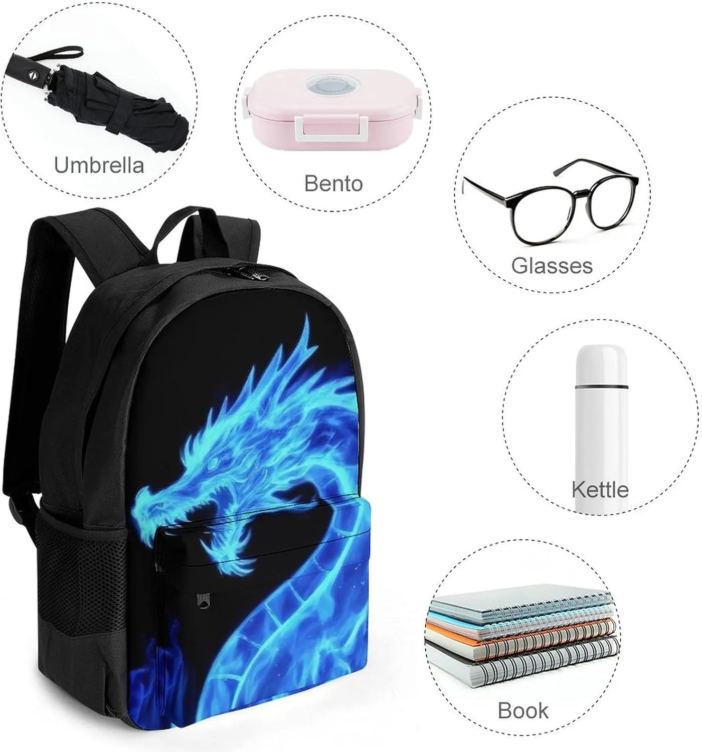 Supdreamc Men Women Polyester Blue Fire Flames Dragon Daypack Big Capacity Shoulder Bag With Smooth Zippers for Hiking Work Walking Cycling