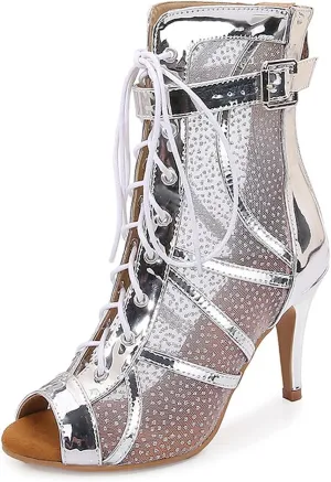 SWDZM Women's Dance Boots Peep Toe Lace-up Ankle Dance Booties Latin Ballroom Salsa Heels