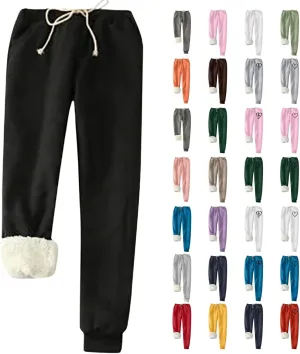 Sweatpants Women Sherpa Lined Winter Warm Fleece Joggers Casual Comfy Thermal Outdoor Athletic Trousers with Pockets