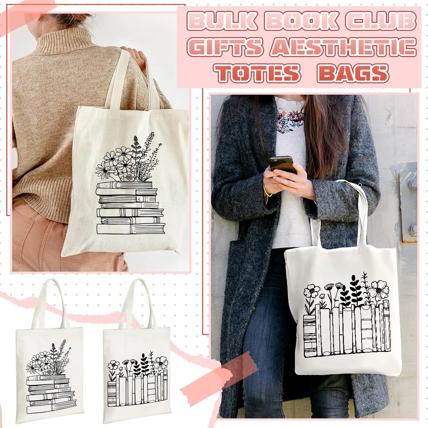 Sweetude 8 Pcs Book Club Gifts Bulk Book Lovers Canvas Tote Bags Easter Christian Bookish Librarian Reader Gifts for Women(Basic Style)