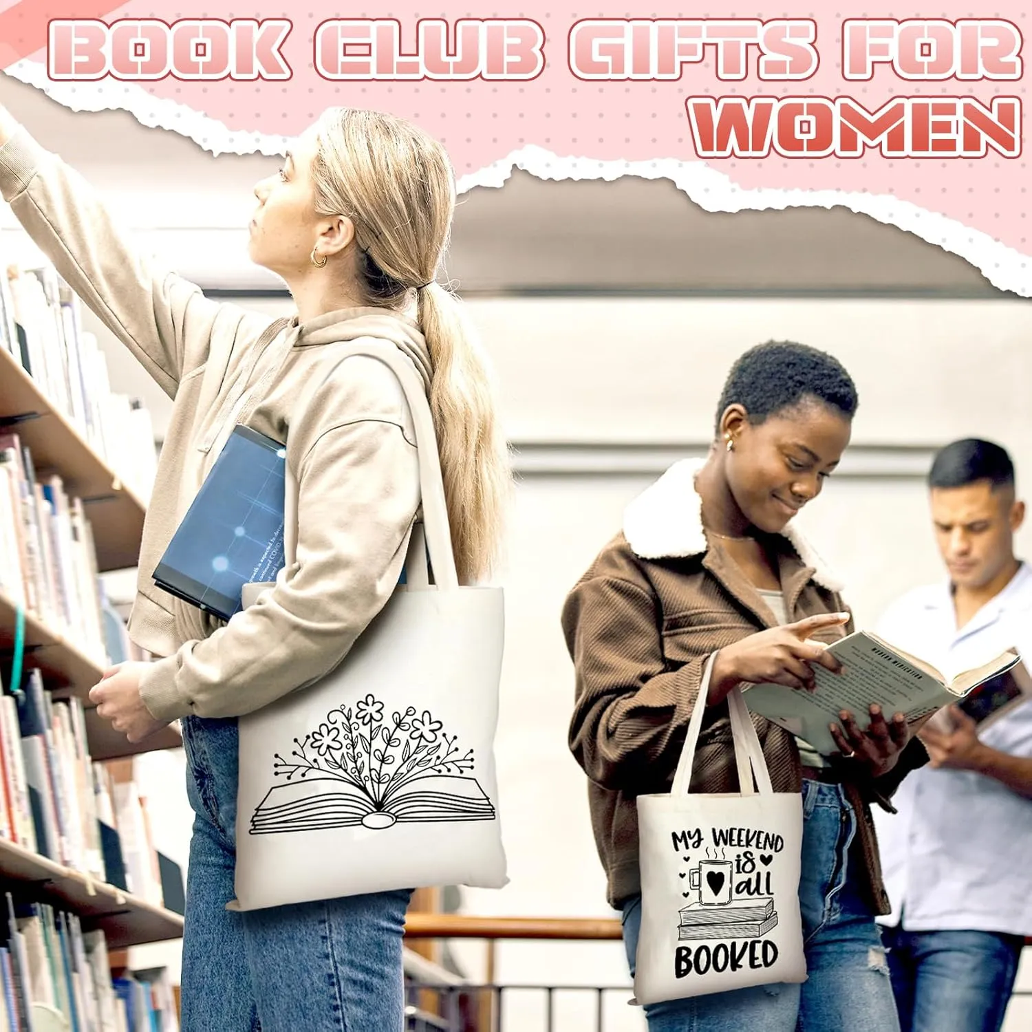Sweetude 8 Pcs Book Club Gifts Bulk Book Lovers Canvas Tote Bags Easter Christian Bookish Librarian Reader Gifts for Women(Basic Style)