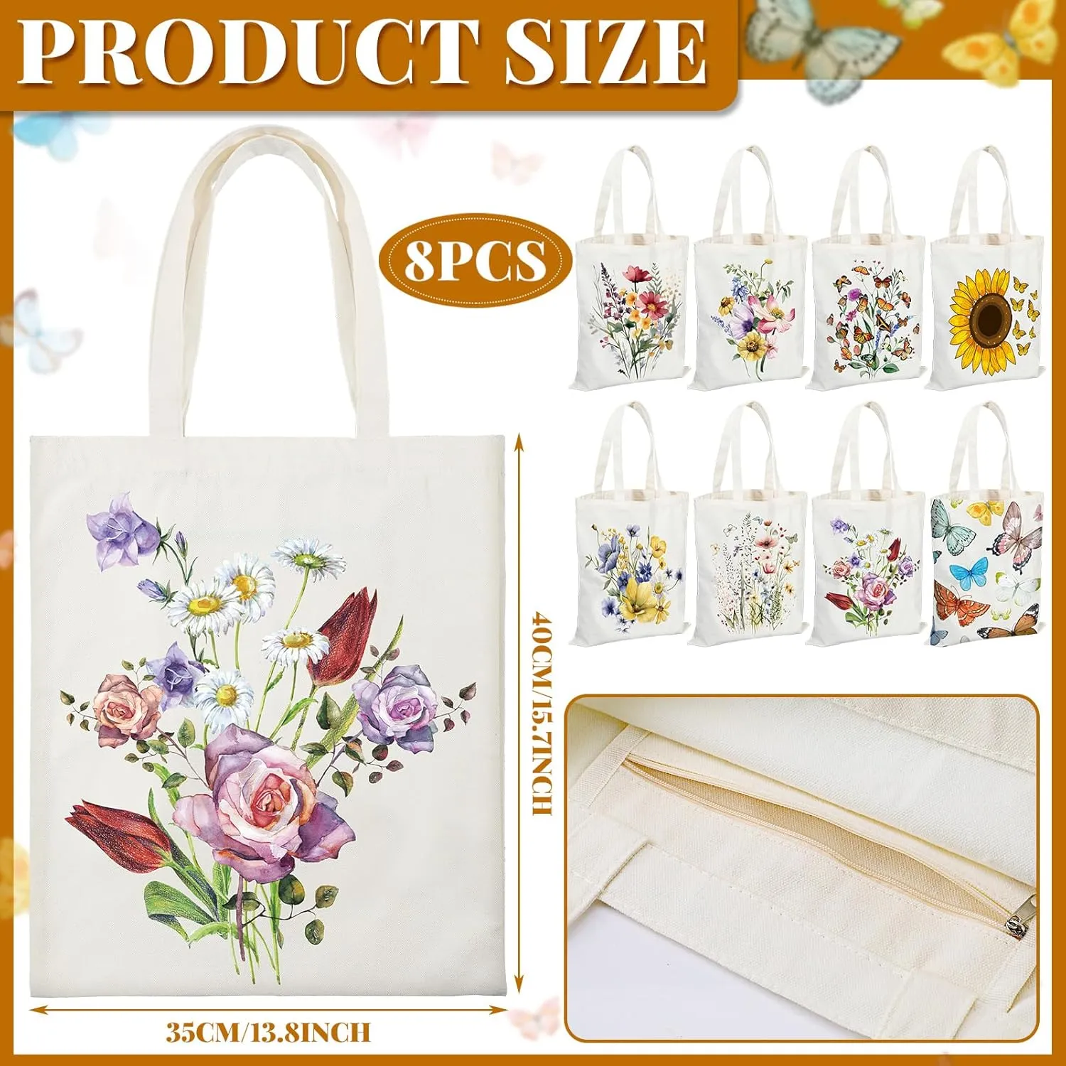 Sweetude 8 Pcs Book Club Gifts Bulk Book Lovers Canvas Tote Bags Easter Christian Bookish Librarian Reader Gifts for Women(Butterfly)