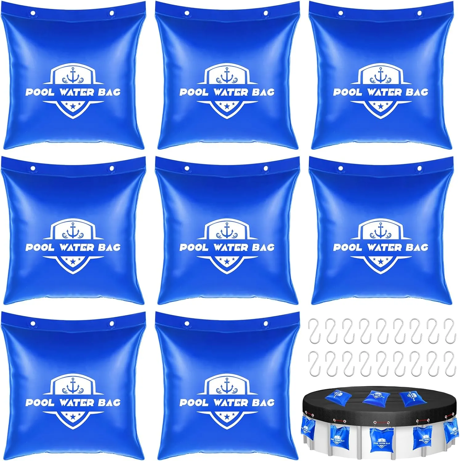 Swimming Pool Cover Hanging Water Weigh Bags with Hooks 8 Pack 0.4 mm PVC Weigh Bags for Above Ground Pool, Heavy Duty Weights Water Bag for Pool Cover Winter Winterizing Closing Kit, 11.5″L×11.5″W