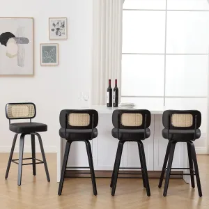 Swivel Counter Height Bar Stools Set of 4, Upholstered Faux Leather Barstools with Rattan Back, 26" Seat Height Bar Chairs Island Stools for Kitchen Counter, Black Wood Frame, Black