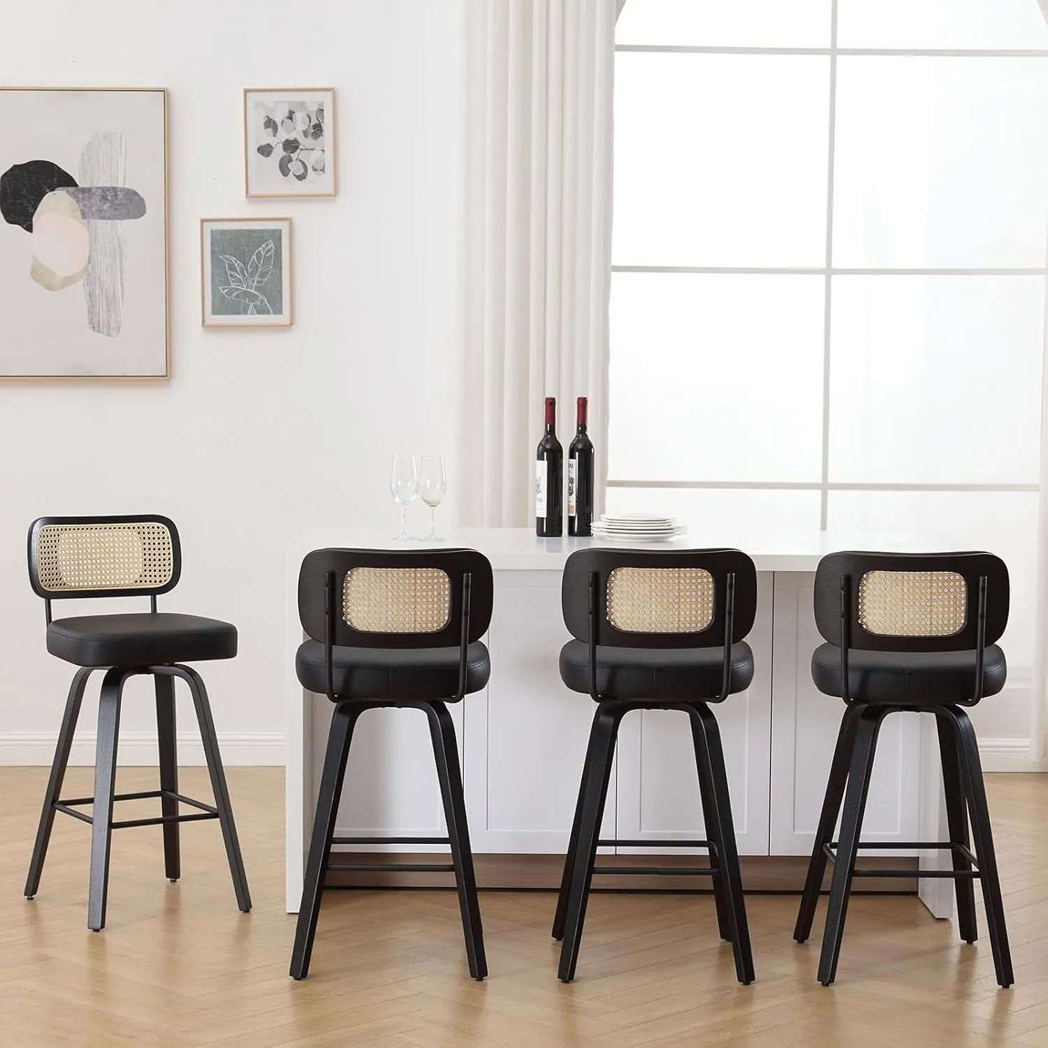 Swivel Counter Height Bar Stools Set of 4, Upholstered Faux Leather Barstools with Rattan Back, 26" Seat Height Bar Chairs Island Stools for Kitchen Counter, Black Wood Frame, Black