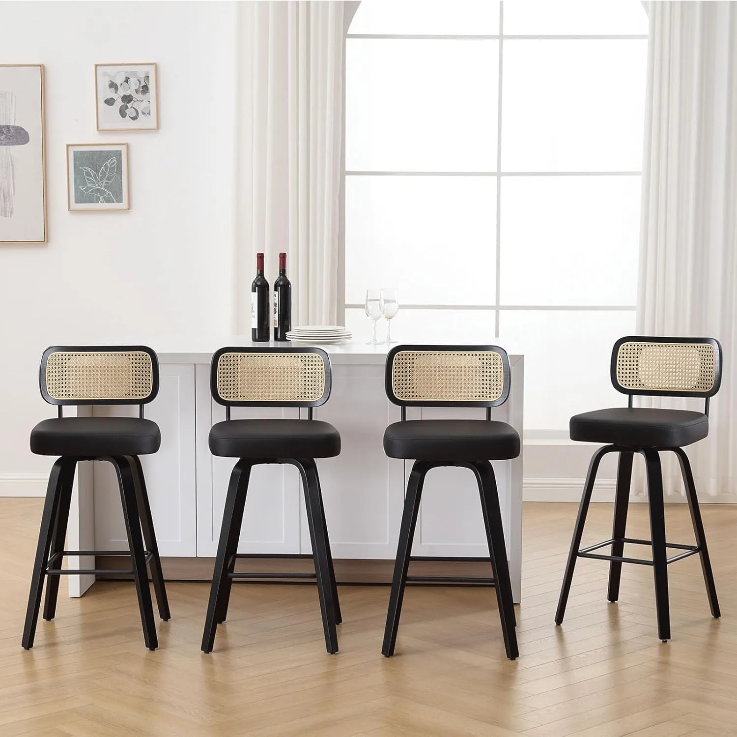 Swivel Counter Height Bar Stools Set of 4, Upholstered Faux Leather Barstools with Rattan Back, 26" Seat Height Bar Chairs Island Stools for Kitchen Counter, Black Wood Frame, Black