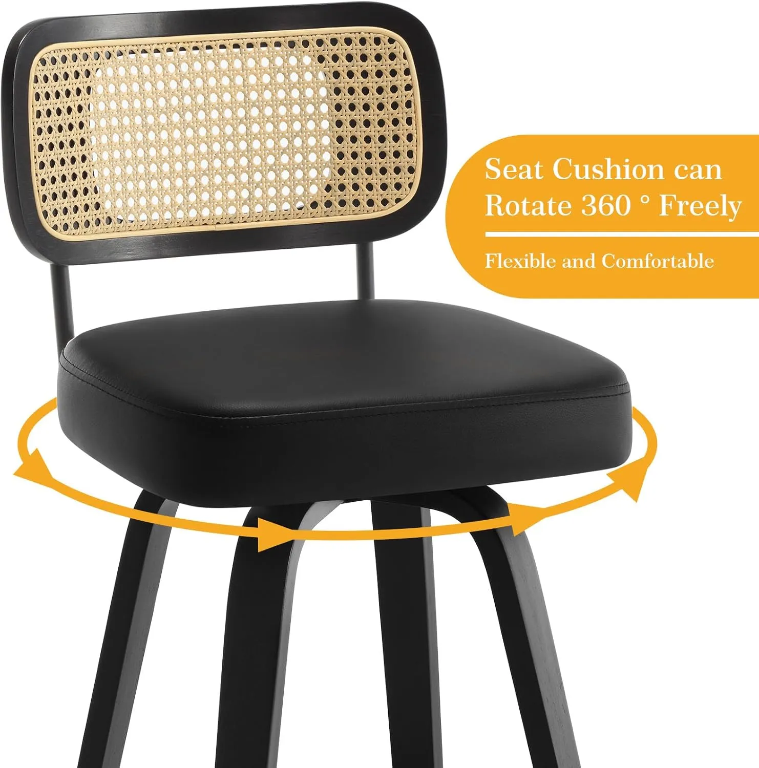 Swivel Counter Height Bar Stools Set of 4, Upholstered Faux Leather Barstools with Rattan Back, 26" Seat Height Bar Chairs Island Stools for Kitchen Counter, Black Wood Frame, Black
