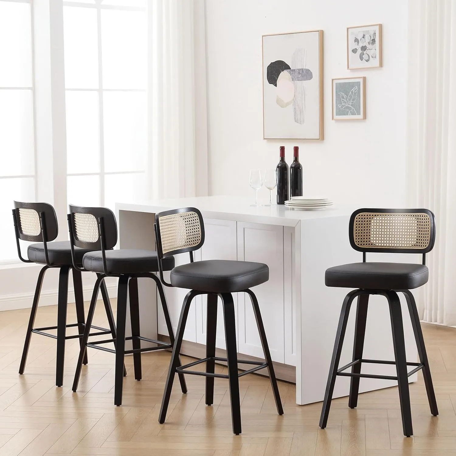 Swivel Counter Height Bar Stools Set of 4, Upholstered Faux Leather Barstools with Rattan Back, 26" Seat Height Bar Chairs Island Stools for Kitchen Counter, Black Wood Frame, Black