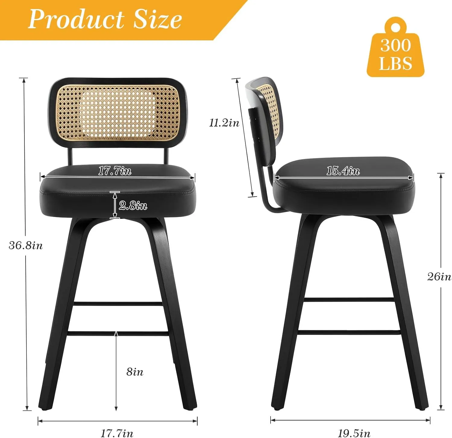Swivel Counter Height Bar Stools Set of 4, Upholstered Faux Leather Barstools with Rattan Back, 26" Seat Height Bar Chairs Island Stools for Kitchen Counter, Black Wood Frame, Black