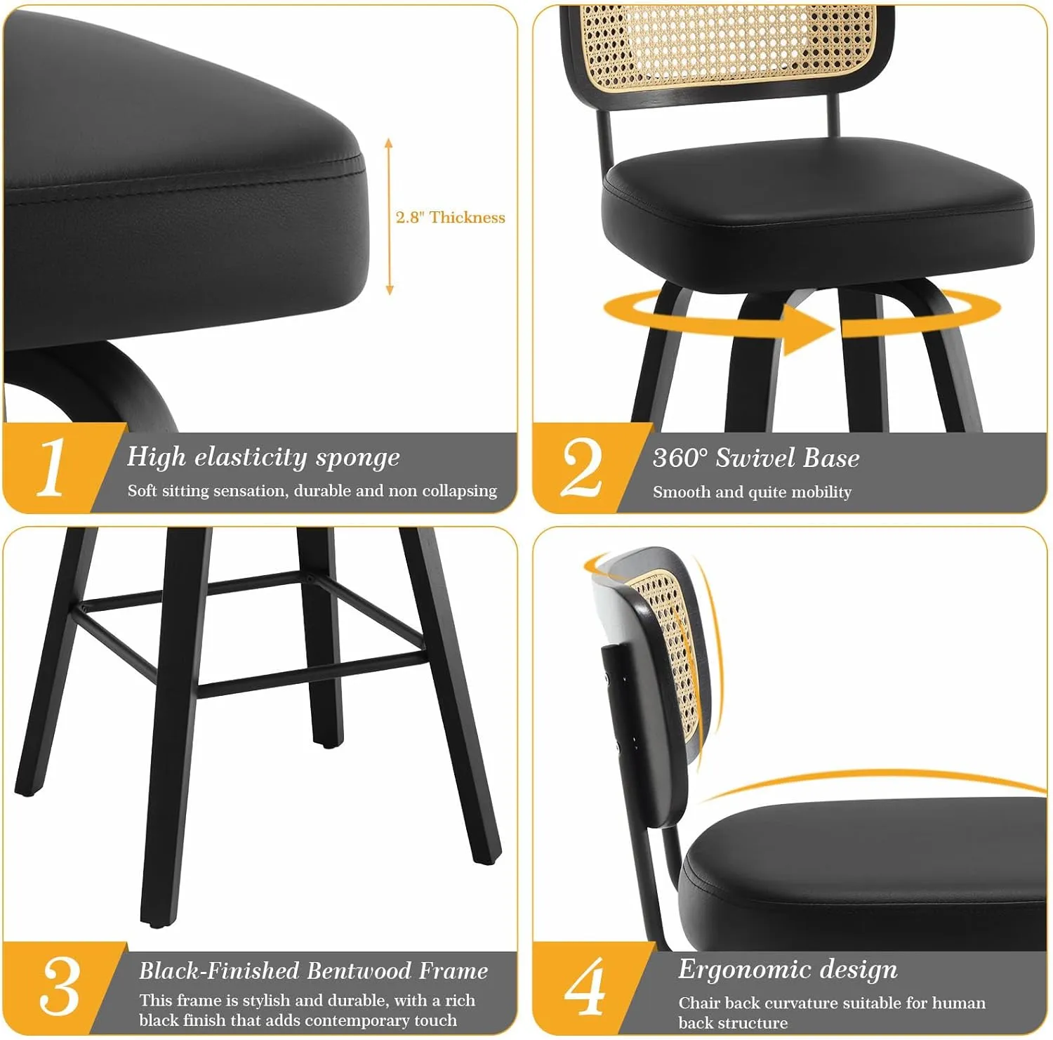 Swivel Counter Height Bar Stools Set of 4, Upholstered Faux Leather Barstools with Rattan Back, 26" Seat Height Bar Chairs Island Stools for Kitchen Counter, Black Wood Frame, Black