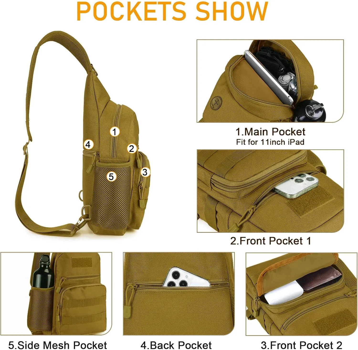 Tactical Military Chest Sling Bag Water Resistant MOLLE Shoulder Backpack Mens One Strap Daypack with Water Bottle Holder (Brown-Large)