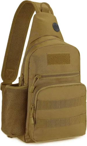 Tactical Military Chest Sling Bag Water Resistant MOLLE Shoulder Backpack Mens One Strap Daypack with Water Bottle Holder (Brown-Large)