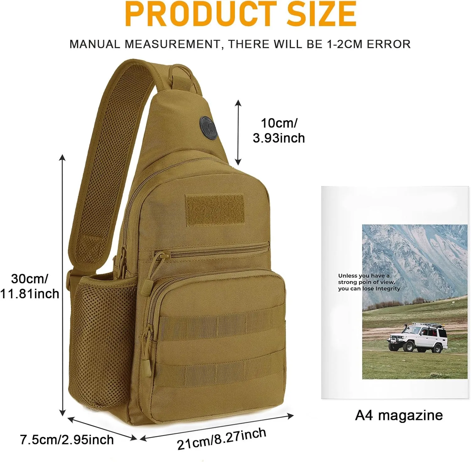 Tactical Military Chest Sling Bag Water Resistant MOLLE Shoulder Backpack Mens One Strap Daypack with Water Bottle Holder (Brown-Large)