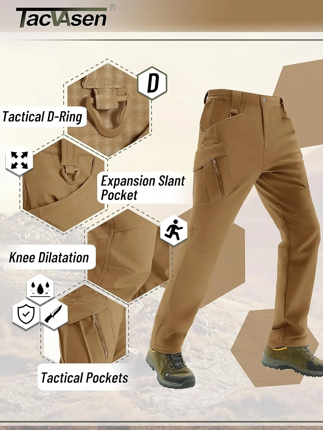 TACVASEN Men's Winter Pants 9 Pockets Fleece Snow Hiking Pants Water-Resistant Warm Softshell Thick Tactical Pants