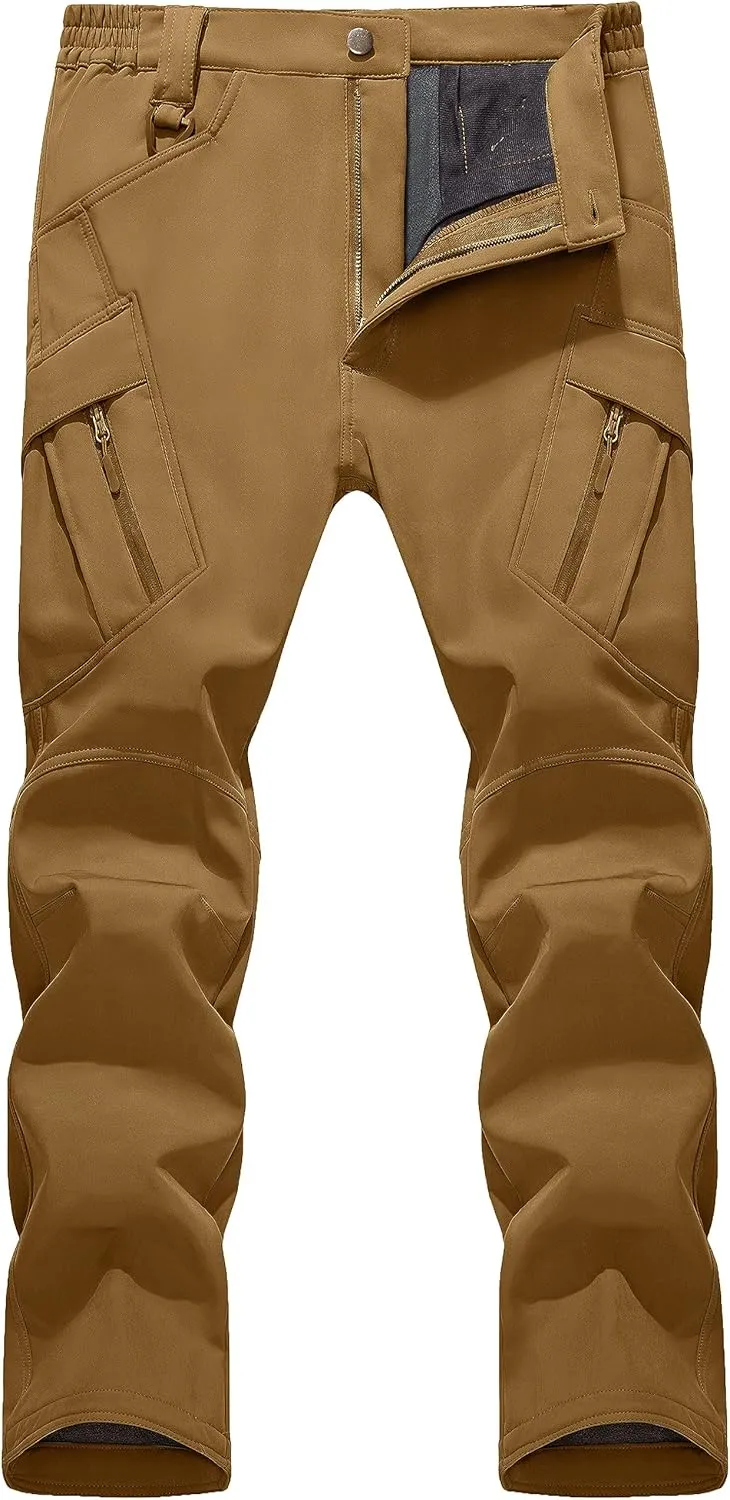 TACVASEN Men's Winter Pants 9 Pockets Fleece Snow Hiking Pants Water-Resistant Warm Softshell Thick Tactical Pants