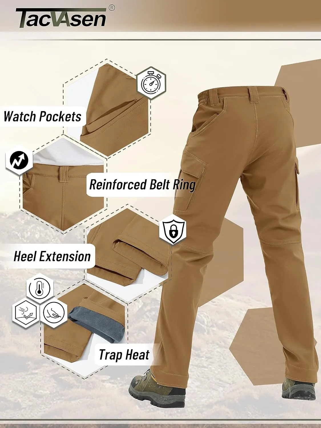 TACVASEN Men's Winter Pants 9 Pockets Fleece Snow Hiking Pants Water-Resistant Warm Softshell Thick Tactical Pants