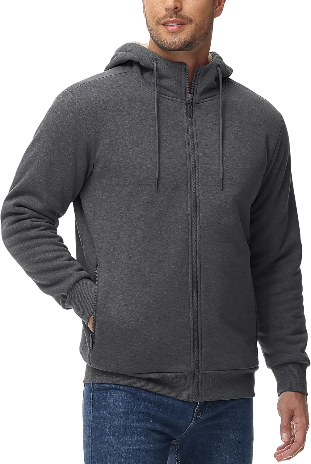 TACVASEN Men's Zip Up Sherpa Lined Hoodies Thick Fleece Heavyweight Jacket Windproof Thermal Zipper Sweatshirt