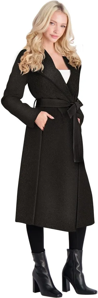 Tahari Juliette Women's Wool Blend Double Face Faux Leather Trim Belted Coat