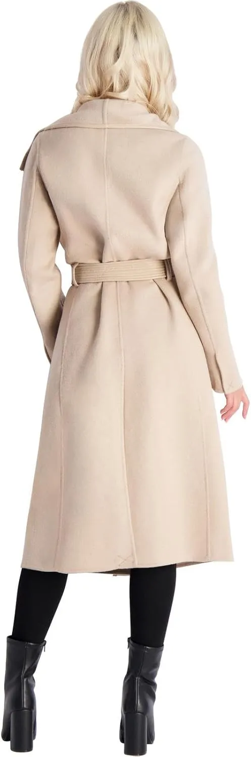 Tahari Juliette Women's Wool Blend Double Face Faux Leather Trim Belted Coat
