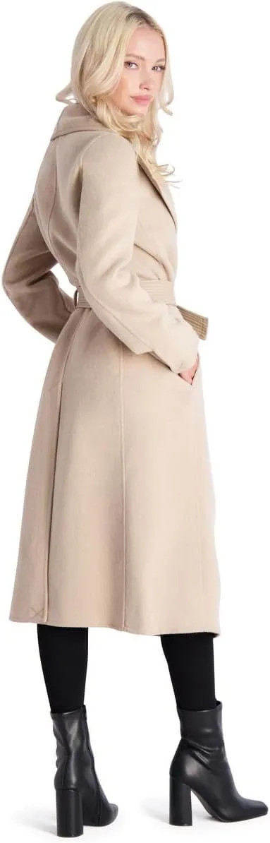 Tahari Juliette Women's Wool Blend Double Face Faux Leather Trim Belted Coat