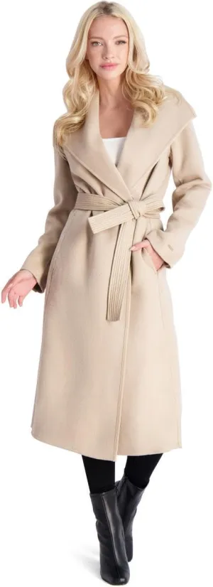 Tahari Juliette Women's Wool Blend Double Face Faux Leather Trim Belted Coat
